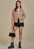 Khaki  Women's Funnel Neck Denim Jacket — Oversized Zip Up Jean Jacket with Drop Shoulder, Elastic Hem & Side Slant Pockets