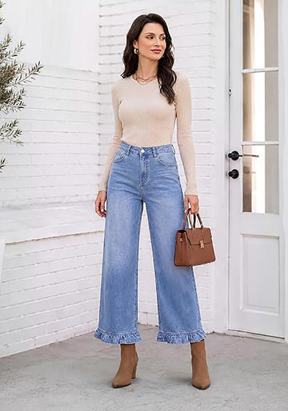 GRAPENT Women's High Waisted Ruffle Hem Wide Leg Jeans | Stretch Denim, 27.5" Inseam, Ankle Cropped, Baggy Fit, Weekend Casual