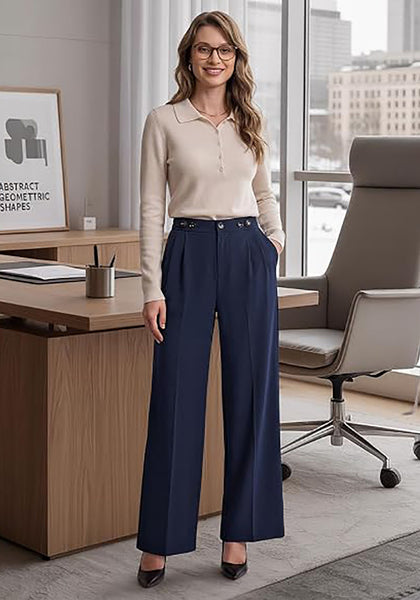 GRAPENT Women's High Waisted Wide Leg Work Pants | Elastic Back Waist, Front Pleated, Business Casual Office Outfits