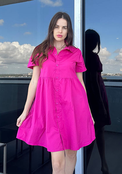 Hot Pink Women's Short Sleeve Button Down Babydoll Dress A-Line Tunic Dress