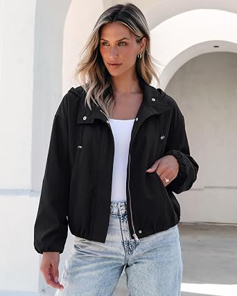Black Women's Trendy Funnel Neck Bomber Jacket — Oversized Cropped Zip Up Hooded Jacket with Stand Collar & Elastic Cuff Hem