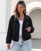 Black Women's Trendy Funnel Neck Bomber Jacket — Oversized Cropped Zip Up Hooded Jacket with Stand Collar & Elastic Cuff Hem