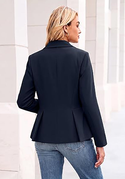 Navy Blue Women's  Peplum Suit Jacket Blazer, Tailored Fitted Long Sleeve with Built-in Shoulder Pads, Dressy Casual for Office, Business & Everyday Wear