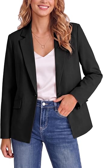 Black Women's Notched Lapel Blazer, Single Button Shoulder Pads Suit Jacket, Long Sleeve Business Casual Work Office Blazer with Pockets & Back Slit
