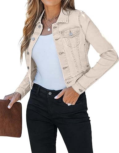 Light Beige Women's Basic Long Sleeves Fitted Denim Cropped Jacket