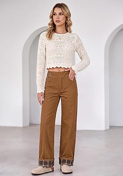 Brown Women's High Rise Wide Leg Jeans — Stretchy Denim Pants with Double Button Waistband, Vertical Seam & Contrast Plaid Cuffs