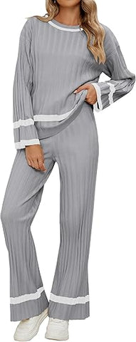 Grey Women Soft Long Sleeve Wide Leg Set Casual Sleep Lounge Wear