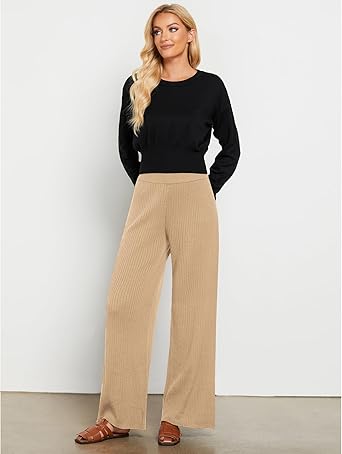 Beige Women's Casual Elastic Waist Full Length High Waisted Relaxed Fit Stretch Wide Leg Pants in Acrylic Fibers