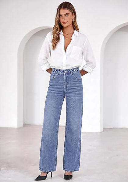 GRAPENT Women's High Rise Wide Leg Jeans | Stretchy Denim, Adjustable Cinch Waist, 30" Inseam, 90s Baggy Straight, Everyday Dressy Casual