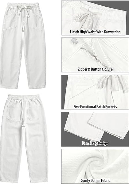 GRAPENT Women's High Waisted Barrel Jeans | Stretchy Denim, Elastic Drawstring Waist, 27.5" Inseam, Front Patch Pockets, Dressy Casual Outfits