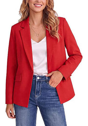Red Women's Notched Lapel Blazer, Single Button Shoulder Pads Suit Jacket, Long Sleeve Business Casual Work Office Blazer with Pockets & Back Slit
