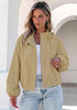 Khaki Women's Trendy Funnel Neck Bomber Jacket — Oversized Cropped Zip Up Hooded Jacket with Stand Collar & Elastic Cuff Hem