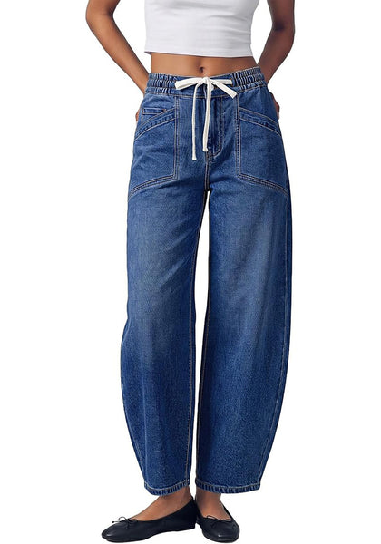 GRAPENT Women's High Waisted Barrel Jeans | Stretchy Denim, Elastic Drawstring Waist, 27.5" Inseam, Front Patch Pockets, Dressy Casual Outfits
