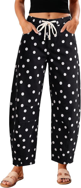 GRAPENT Women's High Rise Polka Dot Barrel Jeans | Stretch Denim, Elastic Drawstring Waist, 27" Inseam, Cropped, Dressy Casual Daily Wear