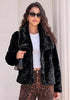 Black Wide Lapel Faux Fur Coat for Women — Oversized Dropped Shoulder Jacket with Side Pockets & Snap Buttons