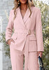 Peach Blush Women's 2 Piece Blazer Pants Suit, Business Casual Long Sleeve Belted Double Breasted Blazer & Elastic High Waisted Flared Pants Set, Dressy Office Work Outfits