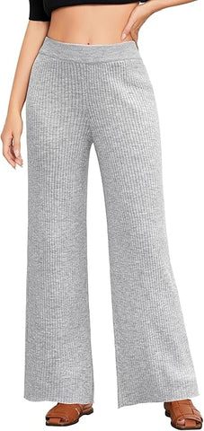 Heather Gray Women's Casual Elastic Waist Full Length High Waisted Relaxed Fit Stretch Wide Leg Pants in Acrylic Fibers