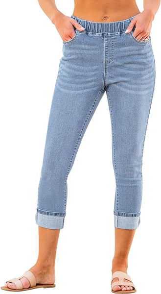 Daylight Blue - Acid Wash Women's High Waisted Elastic Slight Stretch Denim Pull On Cuffed Hem Capri Jeans Denim Pants