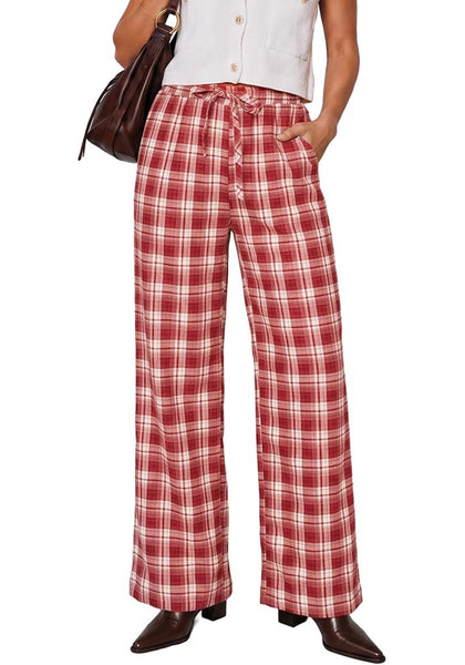 GRAPENT Women's High Waisted Wide Leg Plaid Pants | Tartan Pattern, Elastic Waist Drawstring, Pockets, Relaxed Fit, Casual Daily Fall Outfits