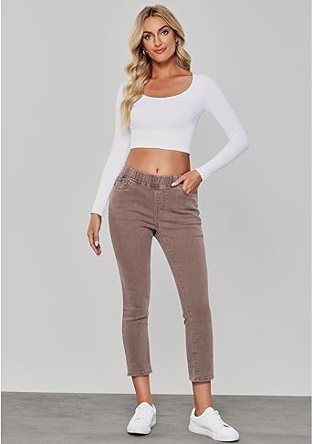 Cinnamon Brow- Acid Wash Women's High Waisted Elastic Slight Stretch Denim Pull On Cuffed Hem Capri Jeans Denim Pants