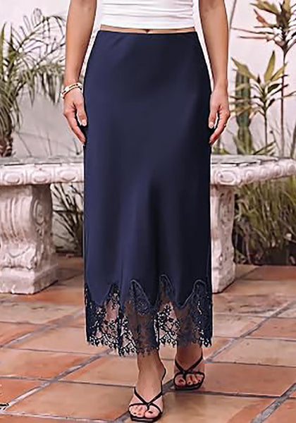 Dark Blue Women's Satin Maxi Skirt — Silky Bias Cut Long Slip Skirt with Easy Pull On Elastic Waistband & Lace Trim Hem