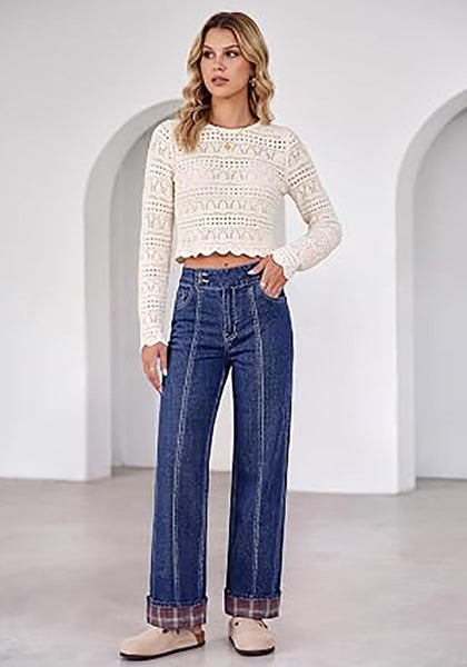 Darkness Blue Women's High Rise Wide Leg Jeans — Stretchy Denim Pants with Double Button Waistband, Vertical Seam & Contrast Plaid Cuffs