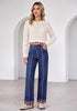 Darkness Blue Women's High Rise Wide Leg Jeans — Stretchy Denim Pants with Double Button Waistband, Vertical Seam & Contrast Plaid Cuffs