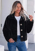 Black Women's Cropped Fluffy Faux Fur Coat — Oversized Lapel Jacket with Button Down Closure & Warm Lining