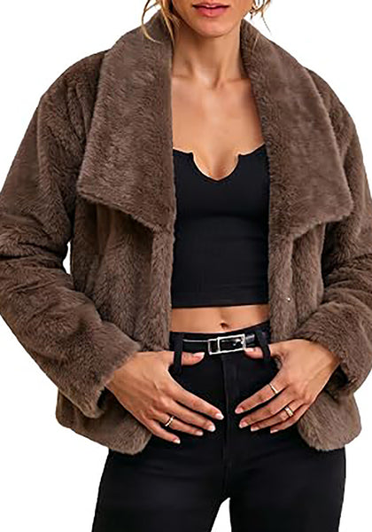 Brown Wide Lapel Faux Fur Coat for Women — Oversized Dropped Shoulder Jacket with Side Pockets & Snap Buttons