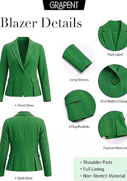 GreenGreen Women's  Peplum Suit Jacket Blazer, Tailored Fitted Long Sleeve with Built-in Shoulder Pads, Dressy Casual for Office, Business & Everyday Wear