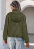 Army Green Women's Trendy Funnel Neck Bomber Jacket — Oversized Cropped Zip Up Hooded Jacket with Stand Collar & Elastic Cuff Hem
