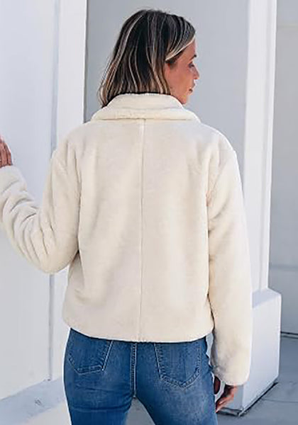 White Women's Cropped Fluffy Faux Fur Coat — Oversized Lapel Jacket with Button Down Closure & Warm Lining