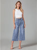 Reef Blue Women's High Waisted Denim Capri Pants Seamed Front Raw Hem