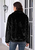 Black Wide Lapel Faux Fur Coat for Women — Oversized Dropped Shoulder Jacket with Side Pockets & Snap Buttons