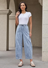 LookbookStore Women's Roadknight Blue Stripe Cropped Barrel Jeans High Waist Elastic Pull On Wide Leg Casual Stretch Denim Pants