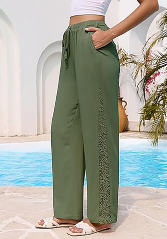 Women's Loose Wide Leg Pants with Hollow Out Side High Waisted Drawstring Elastic Casual Summer Trousers