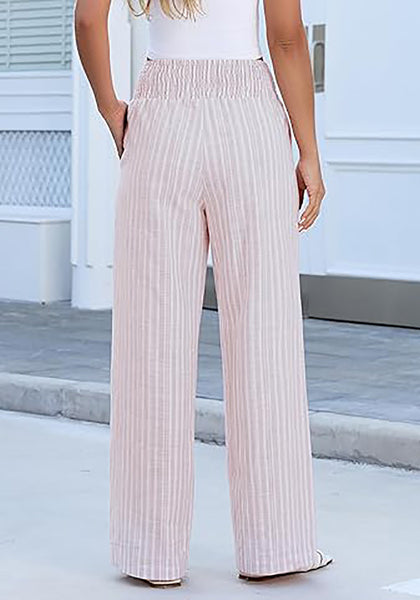 Women’s Striped Wide Leg Pants Causal Elastic High Waist Full Length Trousers with Pockets
