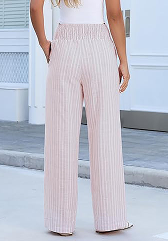 Women’s Striped Wide Leg Pants Causal Elastic High Waist Full Length Trousers with Pockets