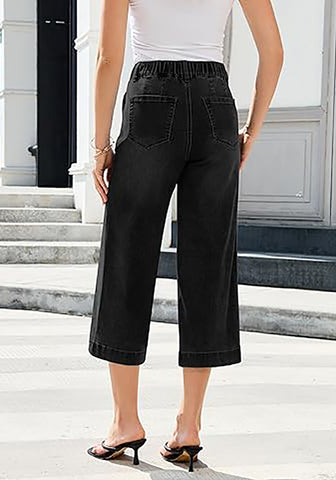 Casual Capri Jeans for Women Wide Leg Elastic Drawstring Waist Cropped Denim Trousers