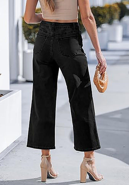 Women's High Waisted Multi Button Wide Leg Denim Jeans Casual Relaxed Daily Wear Functional Pockets