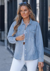 LookbookStore Women's Indigo Skyblue Long Sleeve Button Down Denim Shirt Relaxed Fit Chambray Western Style Casual Collared Jean Top