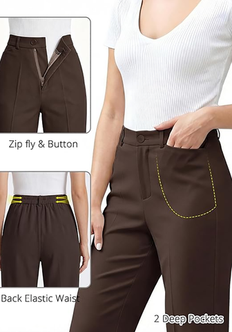 LookbookStore Women Chocolate Brown Ankle Straight Leg Dress Pants, Elastic Waist Business Casual Office Work Trousers with Pockets