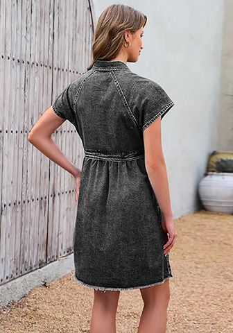 LookbookStore Washed Black Women's Short Sleeve Babydoll Denim Dress – Pleated Raw Hem Distressed Western Style with Pockets