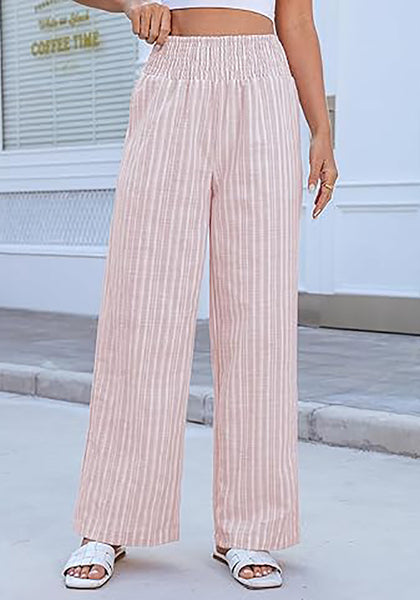 Women’s Striped Wide Leg Pants Causal Elastic High Waist Full Length Trousers with Pockets
