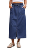 LookbookStore Women Darkness Blue High Waist Jean Midi Skirt Elastic Drawstring Denim Long Skirt with Pockets Front Split Design