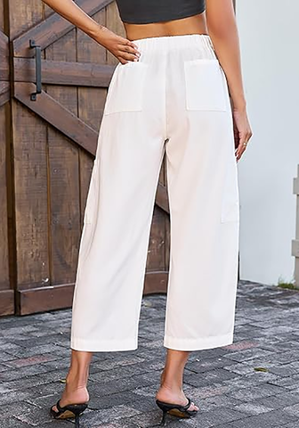 LookbookStore Women's Cream White Trendy Barrel Jeans, High Rise Wide Leg Baggy Denim Pants with Elastic Drawstring Waist & Button Fly