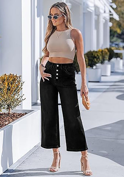 Women's High Waisted Multi Button Wide Leg Denim Jeans Casual Relaxed Daily Wear Functional Pockets
