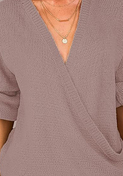 LookbookStore  Twilight Mauve Women's Knit Long Sleeve Faux Wrap Surplice V Neck Sweater Top