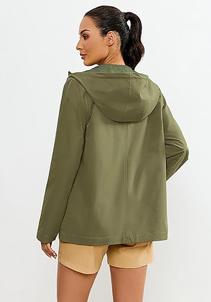 LookbookStore Women's Army Green Waterproof Lightweight Rain Jacket, Adjustable Hood Windbreaker Rain Coat for Hiking & Travel