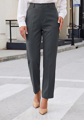 LookbookStore Women Dark Grey Ankle Straight Leg Dress Pants, Elastic Waist Business Casual Office Work Trousers with Pockets